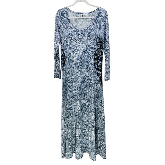 Soft Surroundings Maxi Dress SMALL Jersey Paisley Stretch Long Sleeve‎ Gray Boho - Picture 1 of 7